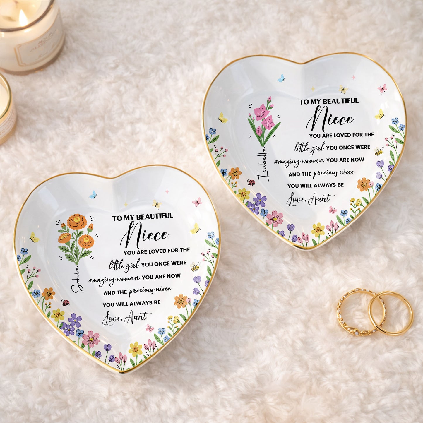 To My Beautiful Niece Birth Month Flowers And Butterflies Jewelry Holder - Personalized Custom Jewelry Dish, Ceramic Dish, Heart Shape - NCE088_HCRF