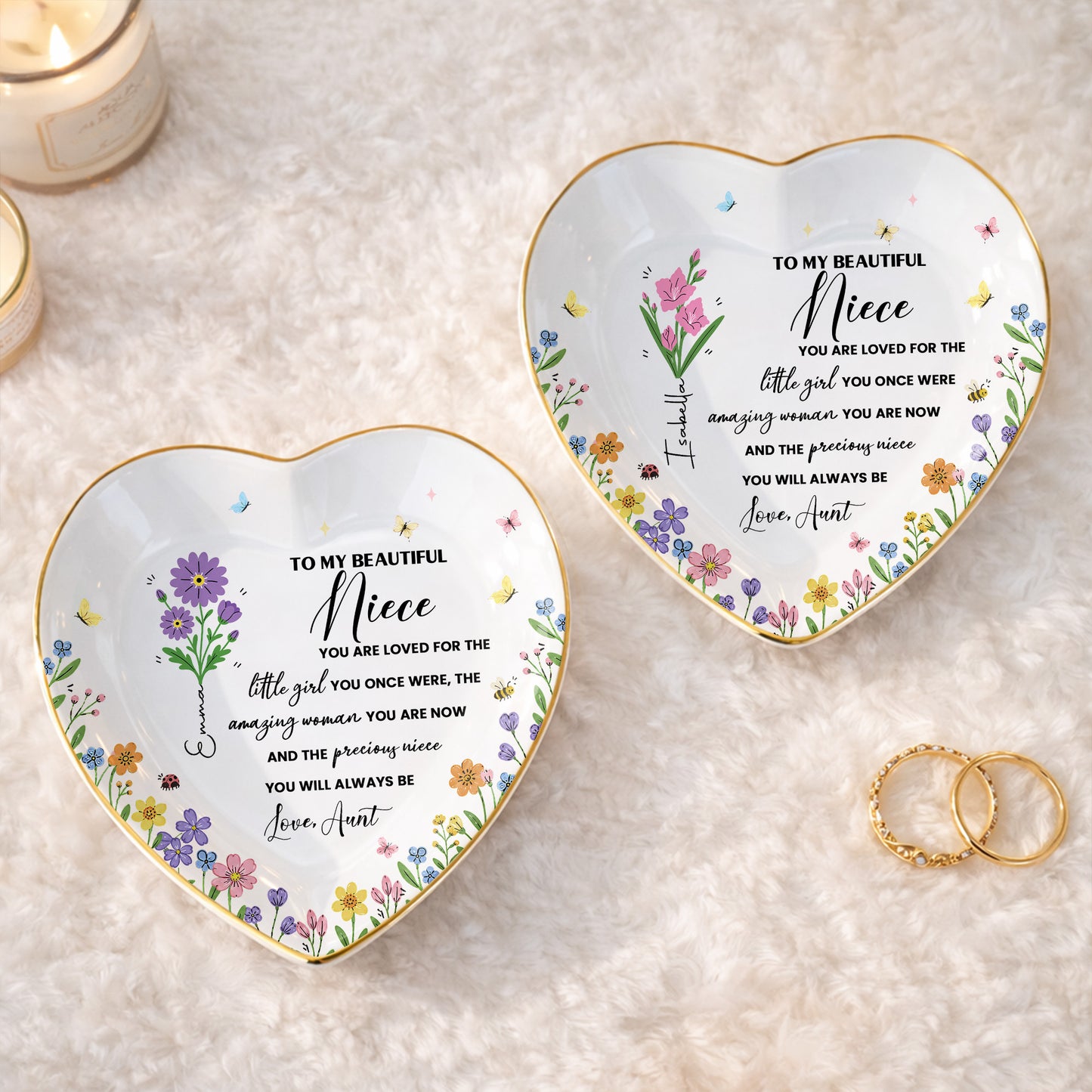 To My Beautiful Niece Birth Month Flowers And Butterflies Jewelry Holder - Personalized Custom Jewelry Dish, Ceramic Dish, Heart Shape - NCE088_HCRF