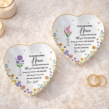 To My Beautiful Niece Birth Month Flowers And Butterflies Jewelry Holder - Personalized Custom Jewelry Dish, Ceramic Dish, Heart Shape - NCE088_HCRF