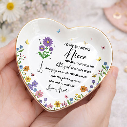 To My Beautiful Niece Birth Month Flowers And Butterflies Jewelry Holder - Personalized Custom Jewelry Dish, Ceramic Dish, Heart Shape - NCE088_HCRF