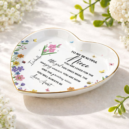 To My Beautiful Niece Birth Month Flowers And Butterflies Jewelry Holder - Personalized Custom Jewelry Dish, Ceramic Dish, Heart Shape - NCE088_HCRF