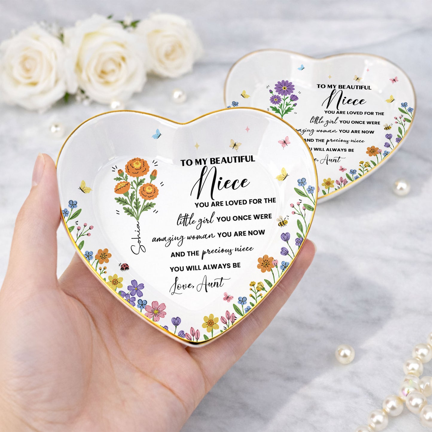 To My Beautiful Niece Birth Month Flowers And Butterflies Jewelry Holder - Personalized Custom Jewelry Dish, Ceramic Dish, Heart Shape - NCE088_HCRF