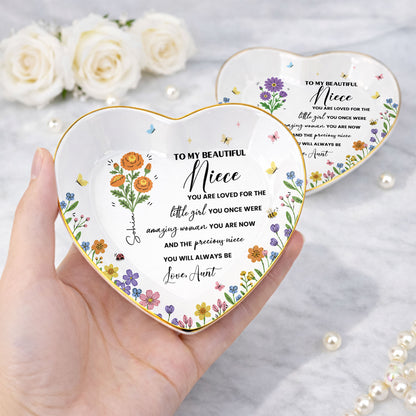 To My Beautiful Niece Birth Month Flowers And Butterflies Jewelry Holder - Personalized Custom Jewelry Dish, Ceramic Dish, Heart Shape - NCE088_HCRF