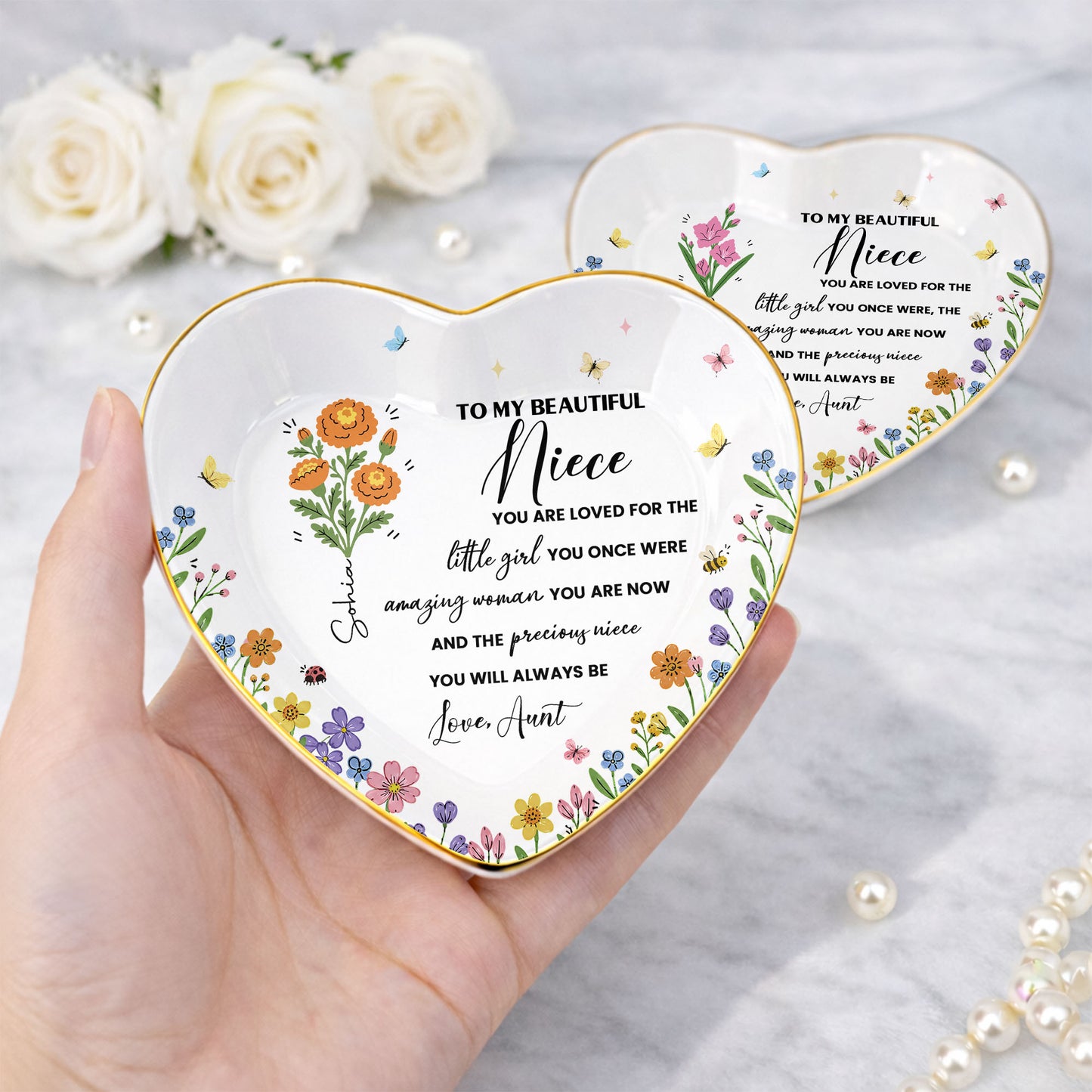 To My Beautiful Niece Birth Month Flowers And Butterflies Jewelry Holder - Personalized Custom Jewelry Dish, Ceramic Dish, Heart Shape - NCE088_HCRF