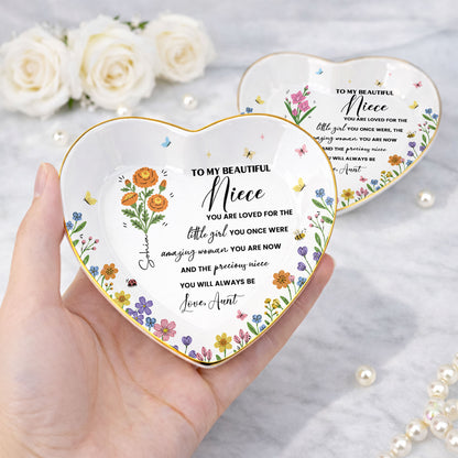 To My Beautiful Niece Birth Month Flowers And Butterflies Jewelry Holder - Personalized Custom Jewelry Dish, Ceramic Dish, Heart Shape - NCE088_HCRF