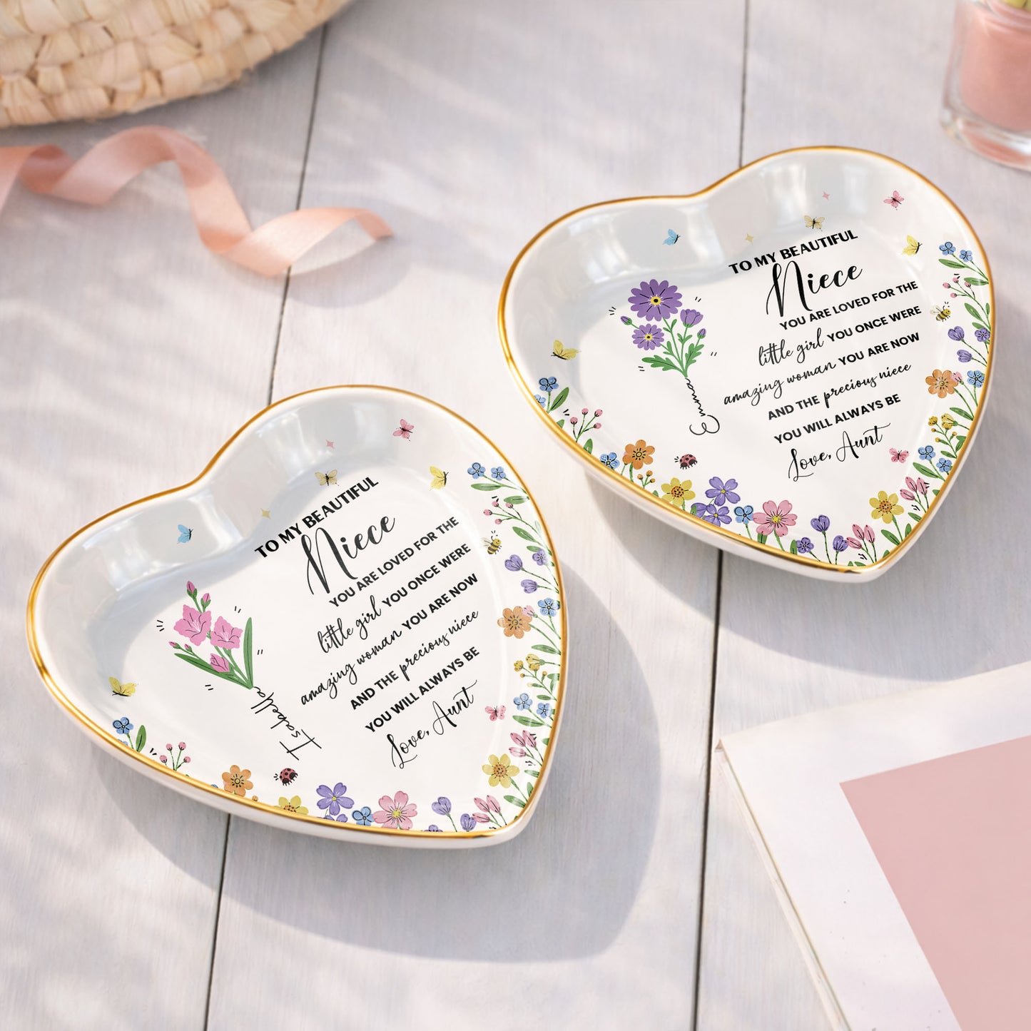 To My Beautiful Niece Birth Month Flowers And Butterflies Jewelry Holder - Personalized Custom Jewelry Dish, Ceramic Dish, Heart Shape - NCE088_HCRF