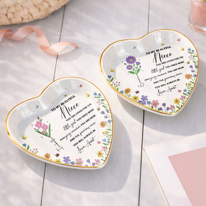 To My Beautiful Niece Birth Month Flowers And Butterflies Jewelry Holder - Personalized Custom Jewelry Dish, Ceramic Dish, Heart Shape - NCE088_HCRF