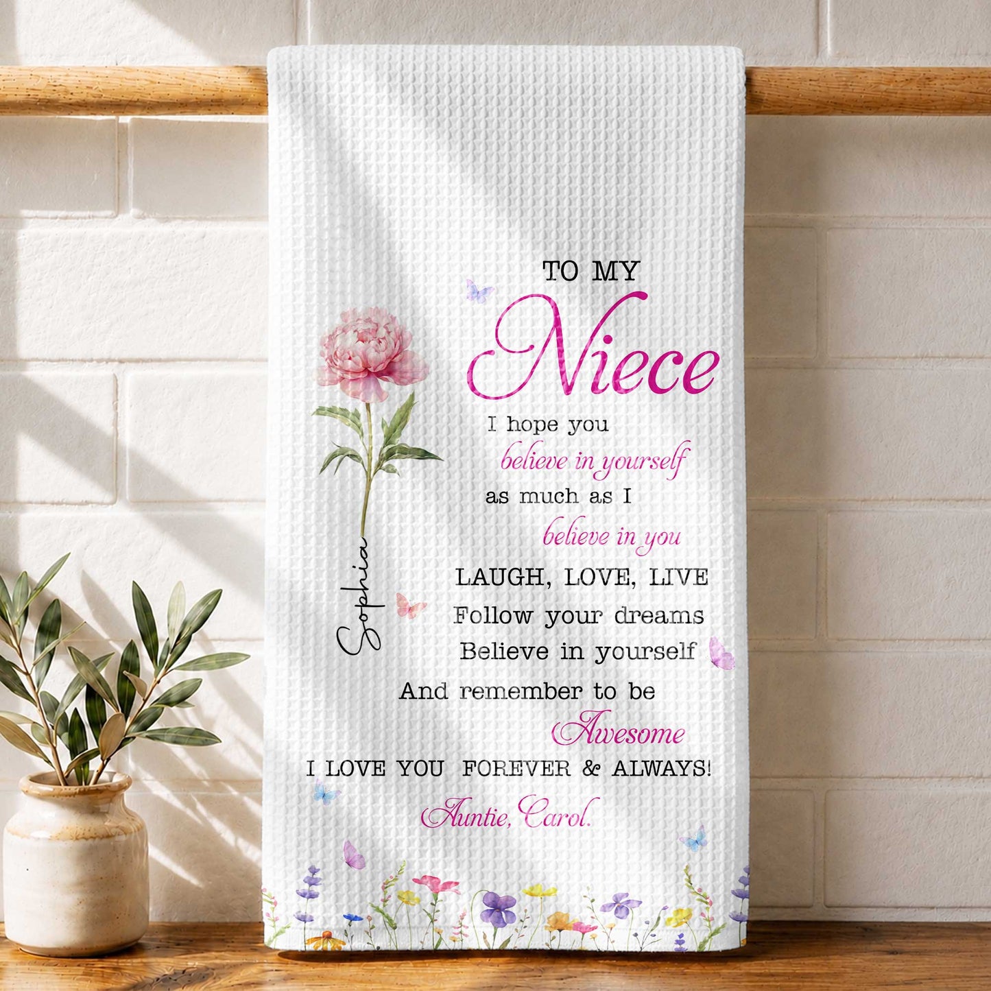 To My Niece Believe In Yourself With Pink Birth Flower - Personalized Kitchen Towel - NCE094_TOWL