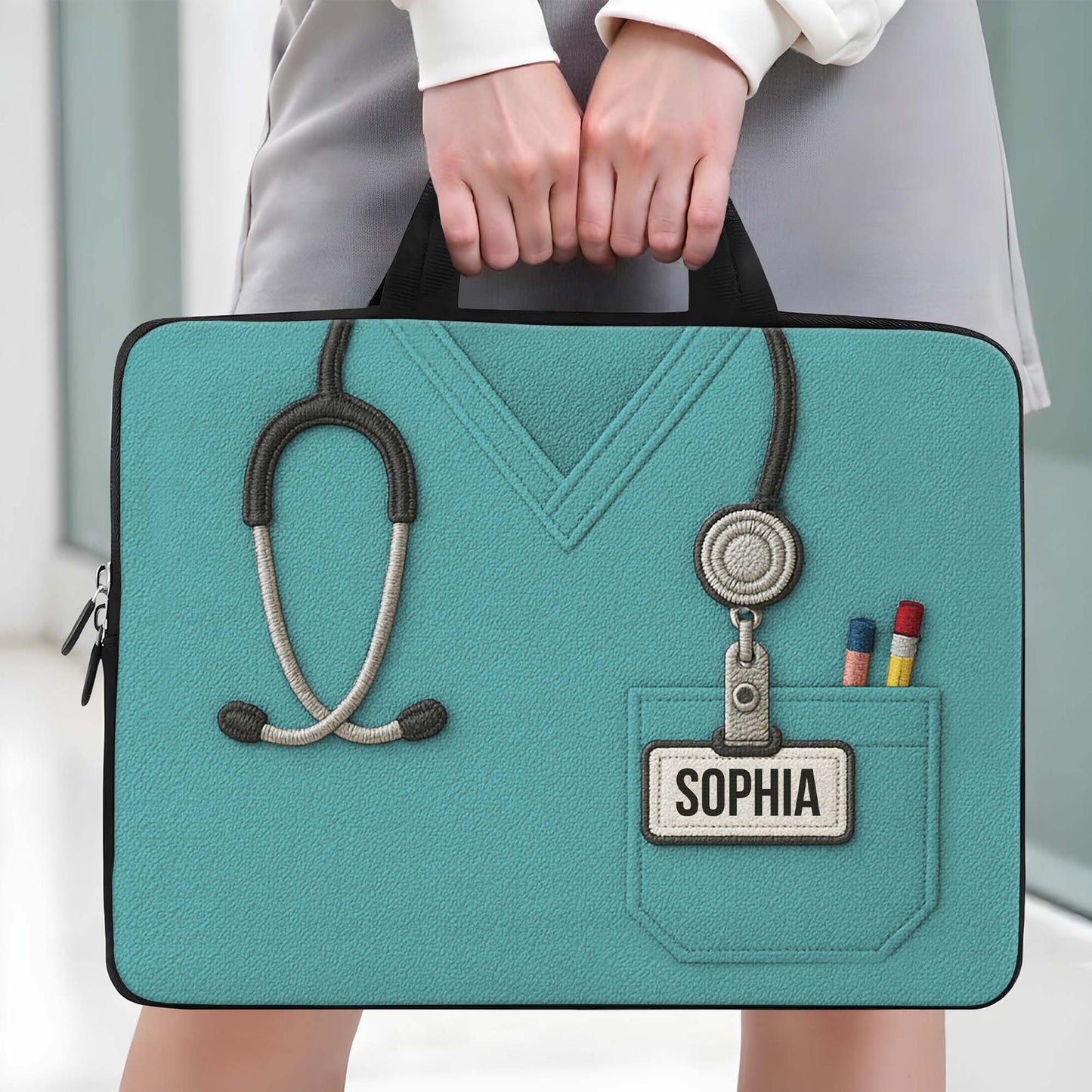 Nurse Scrub Design With Stethoscope And Pens Sleeve