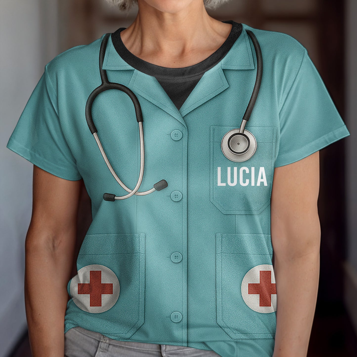 Customizable Nurse Station Uniform Printed T-Shirt With Stethoscope