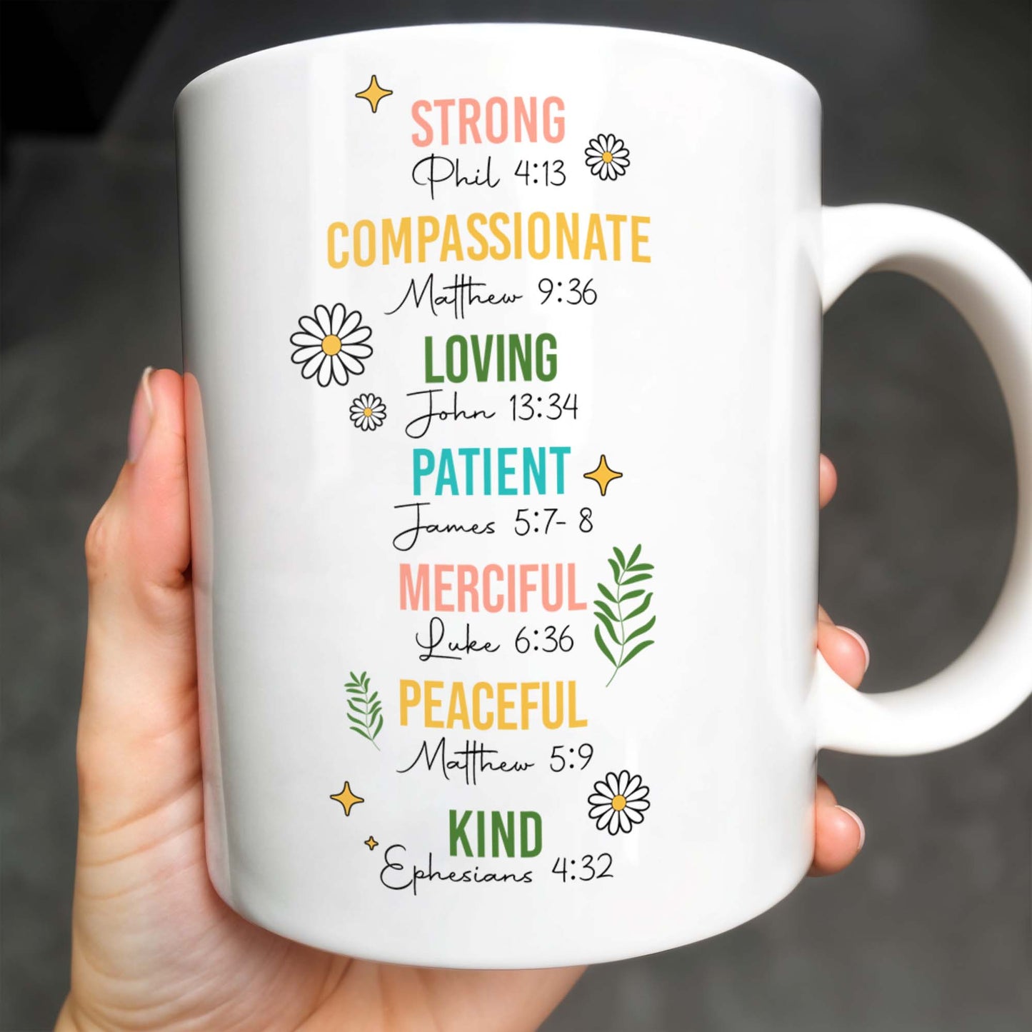 Strong, Compassionate, Loving, Patient, Merciful, Peaceful, Kind, Flowers and Stars