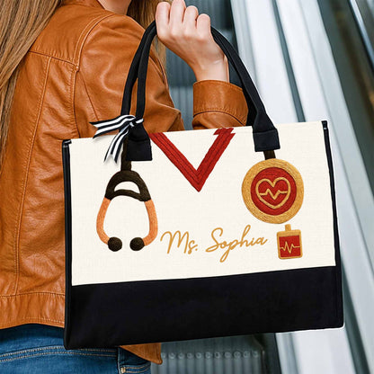Customizable Tote With Letter, Stethoscope, Heart, And Suitcase