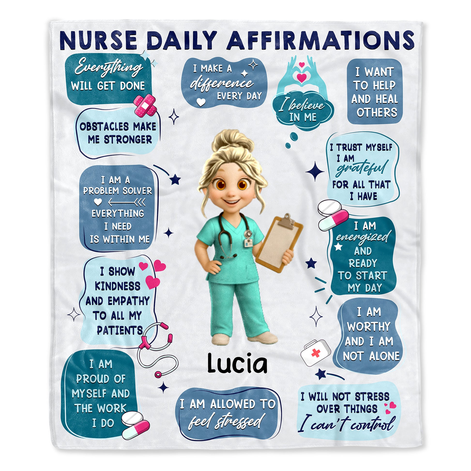 Nurse Daily Affirmations With Hearts, Pills, and Stethoscope