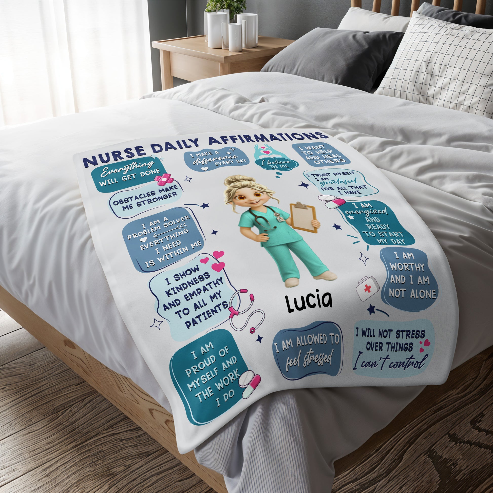 Nurse Daily Affirmations With Hearts, Pills, and Stethoscope