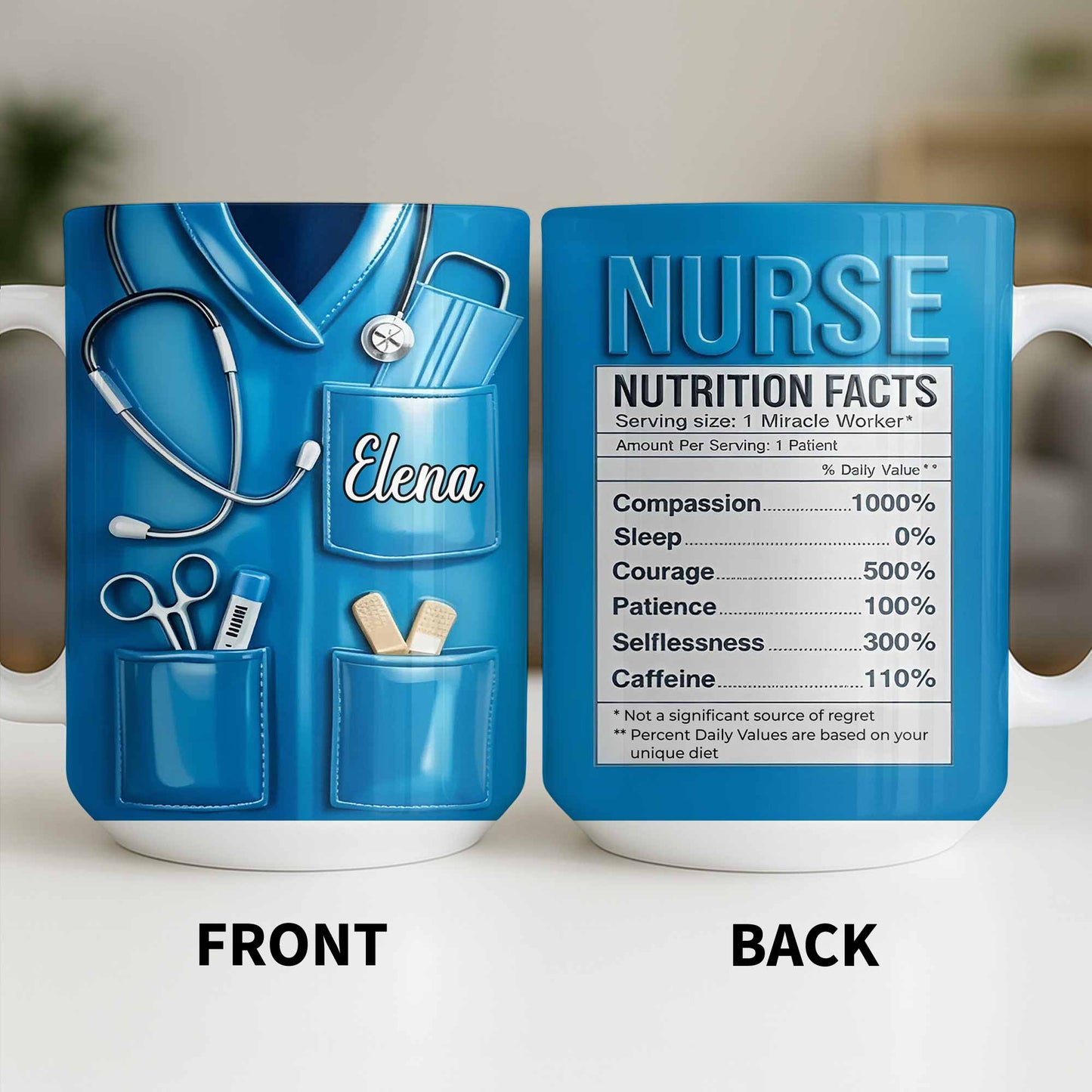 Nurse Nutrition Facts Compassion, Sleep, Courage Mug Design