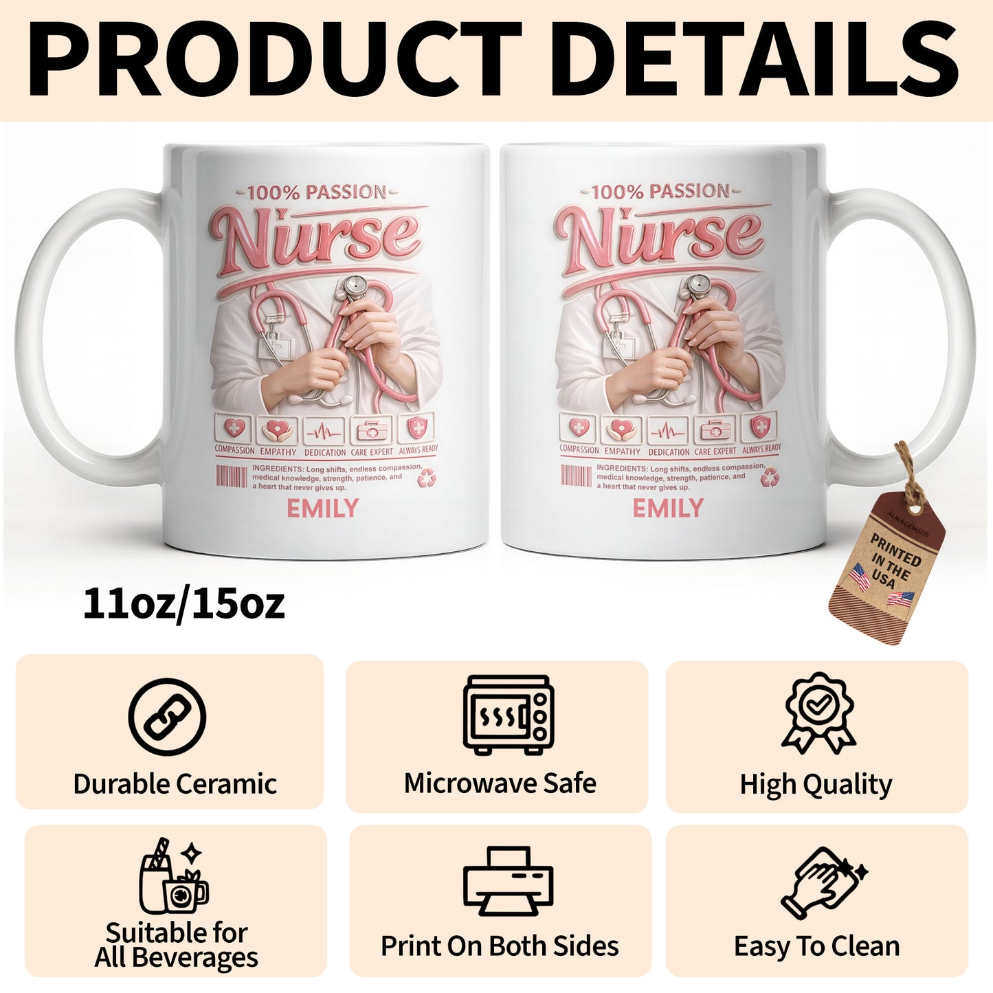 100 Percent Passion Nurse With Stethoscope And Medical Icons - Personalized Custom Coffee Mug - NUR071_MG