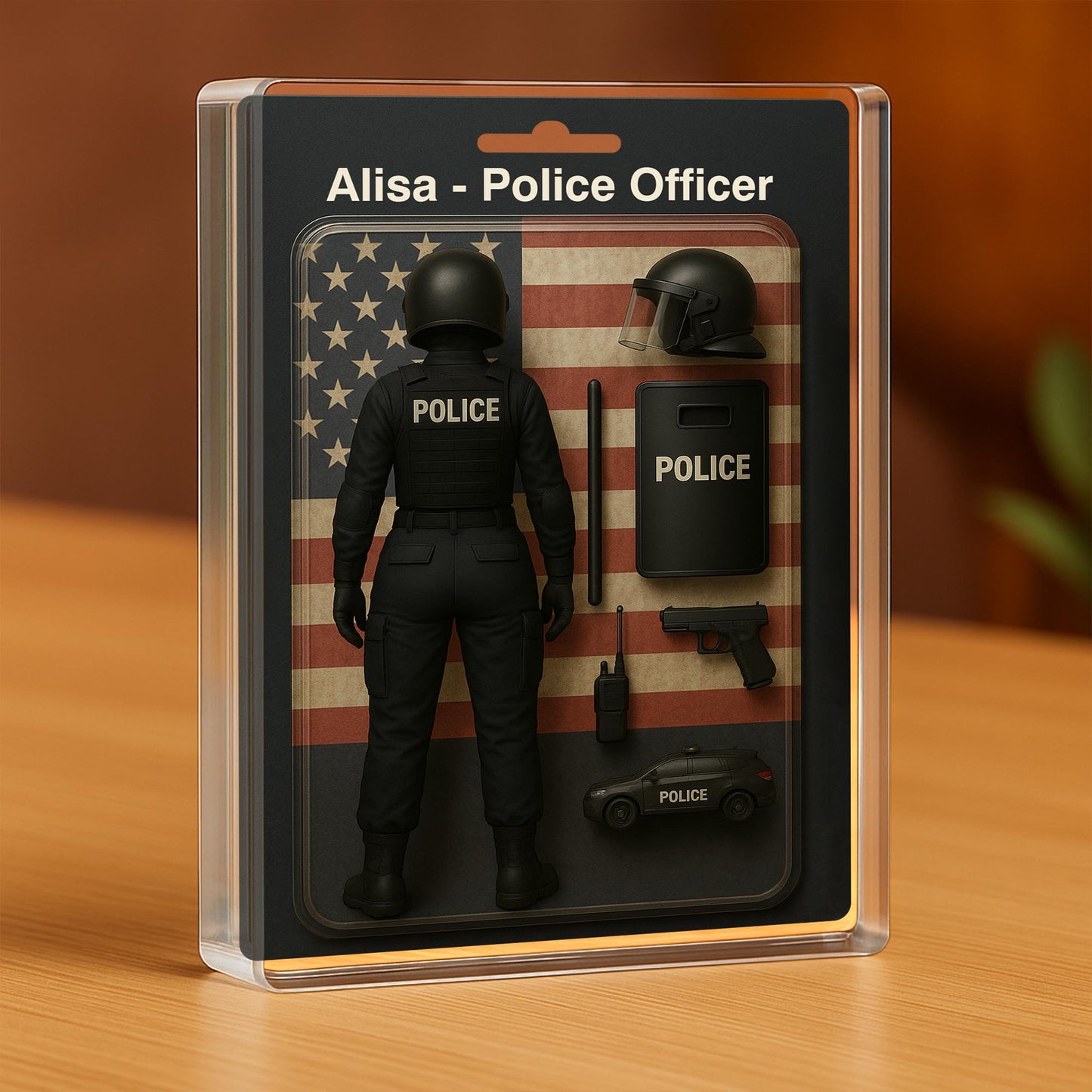 Custom Police Officer Action Figure Plaque With American Flag