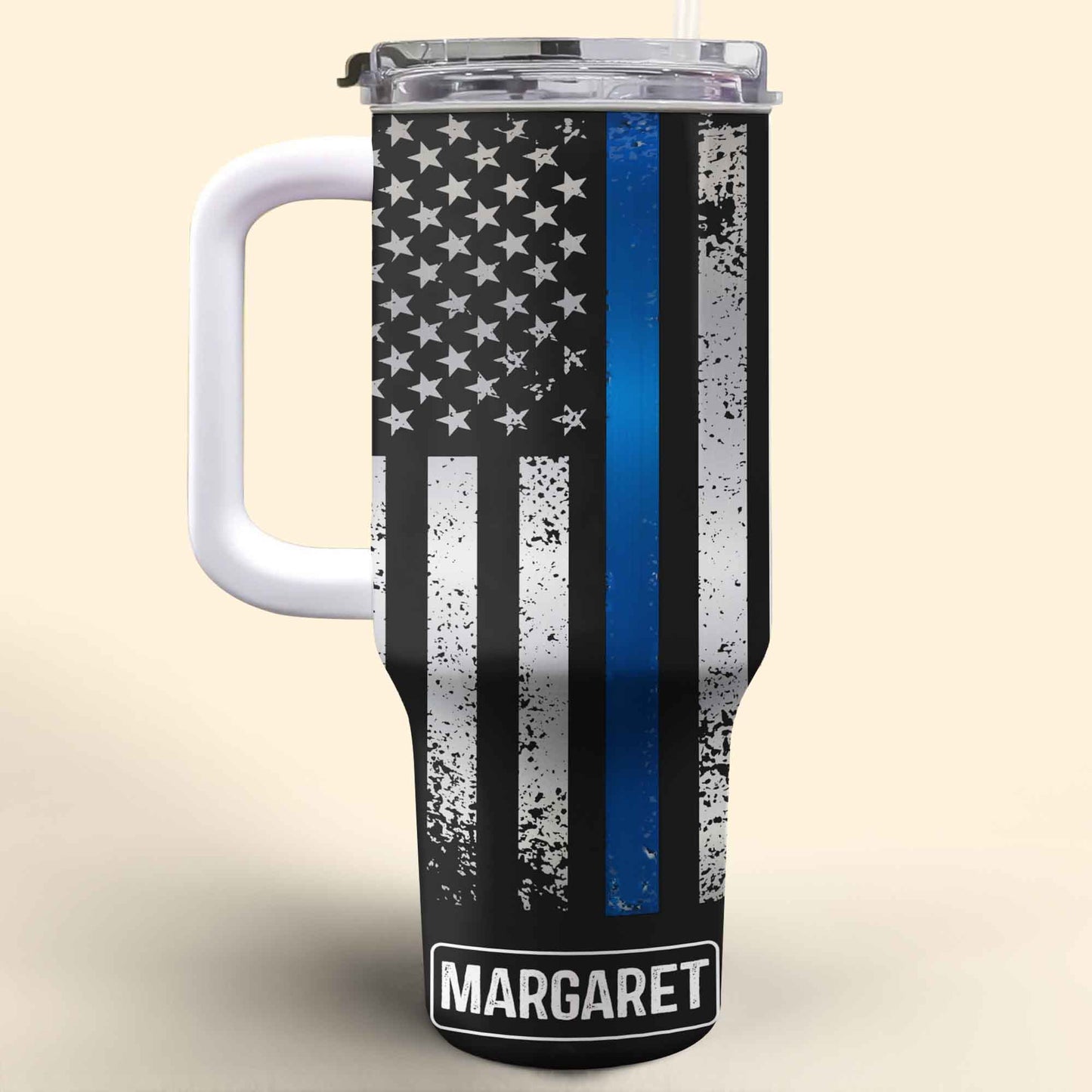 Customizable Tumbler With Black And Blue Thin Line American Flag