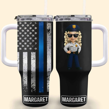 Customizable Tumbler With Black And Blue Thin Line American Flag