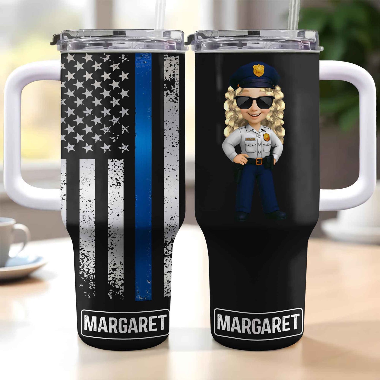 Customizable Tumbler With Black And Blue Thin Line American Flag