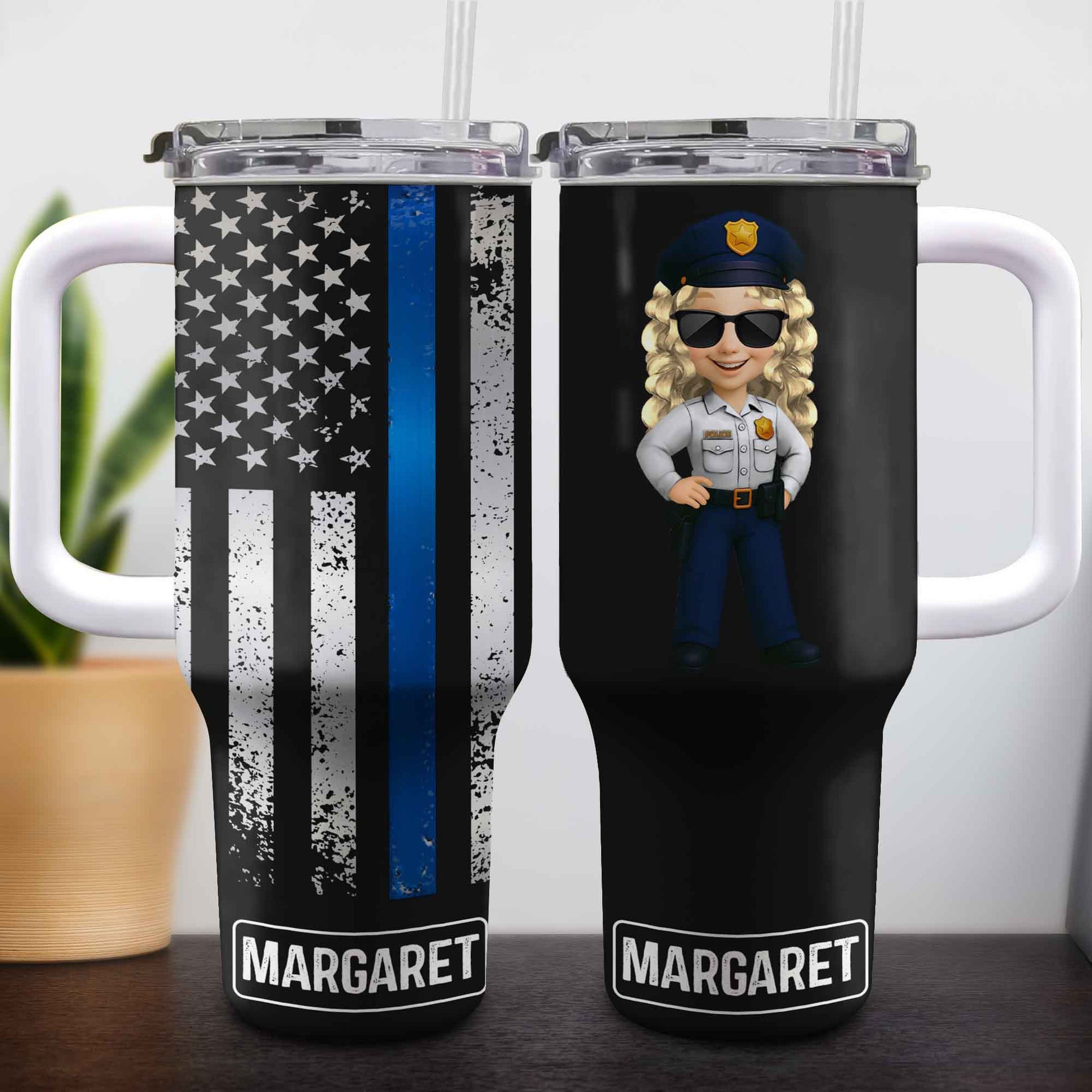 Customizable Tumbler With Black And Blue Thin Line American Flag