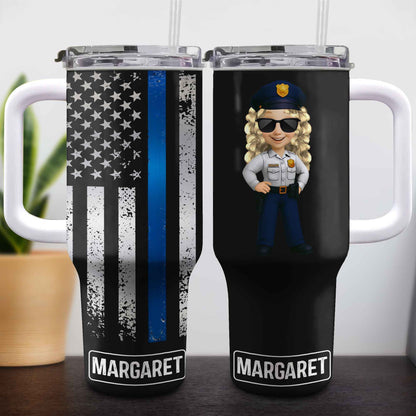 Customizable Tumbler With Black And Blue Thin Line American Flag