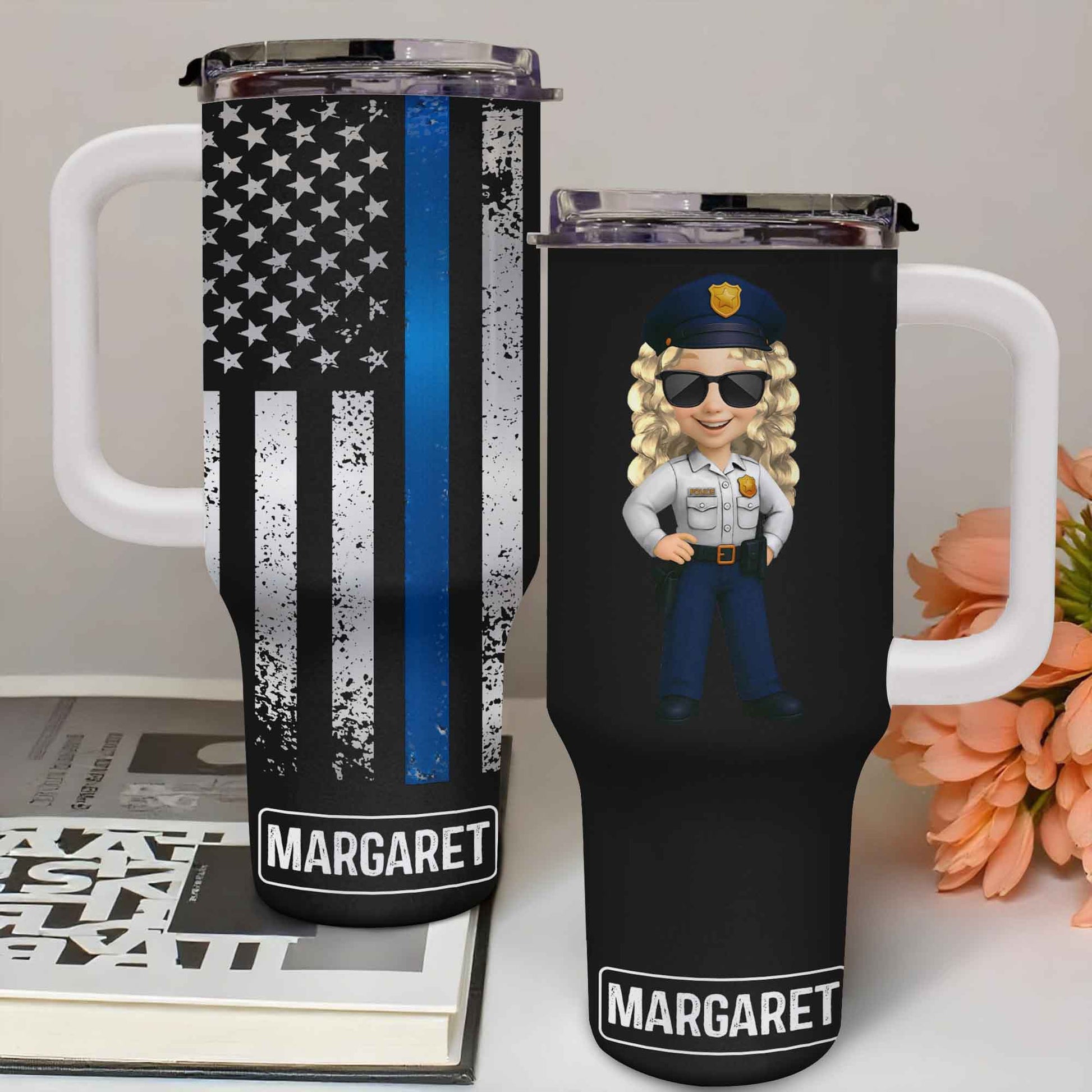 Customizable Tumbler With Black And Blue Thin Line American Flag