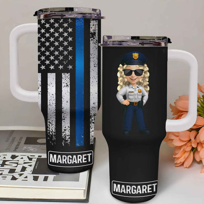 Customizable Tumbler With Black And Blue Thin Line American Flag