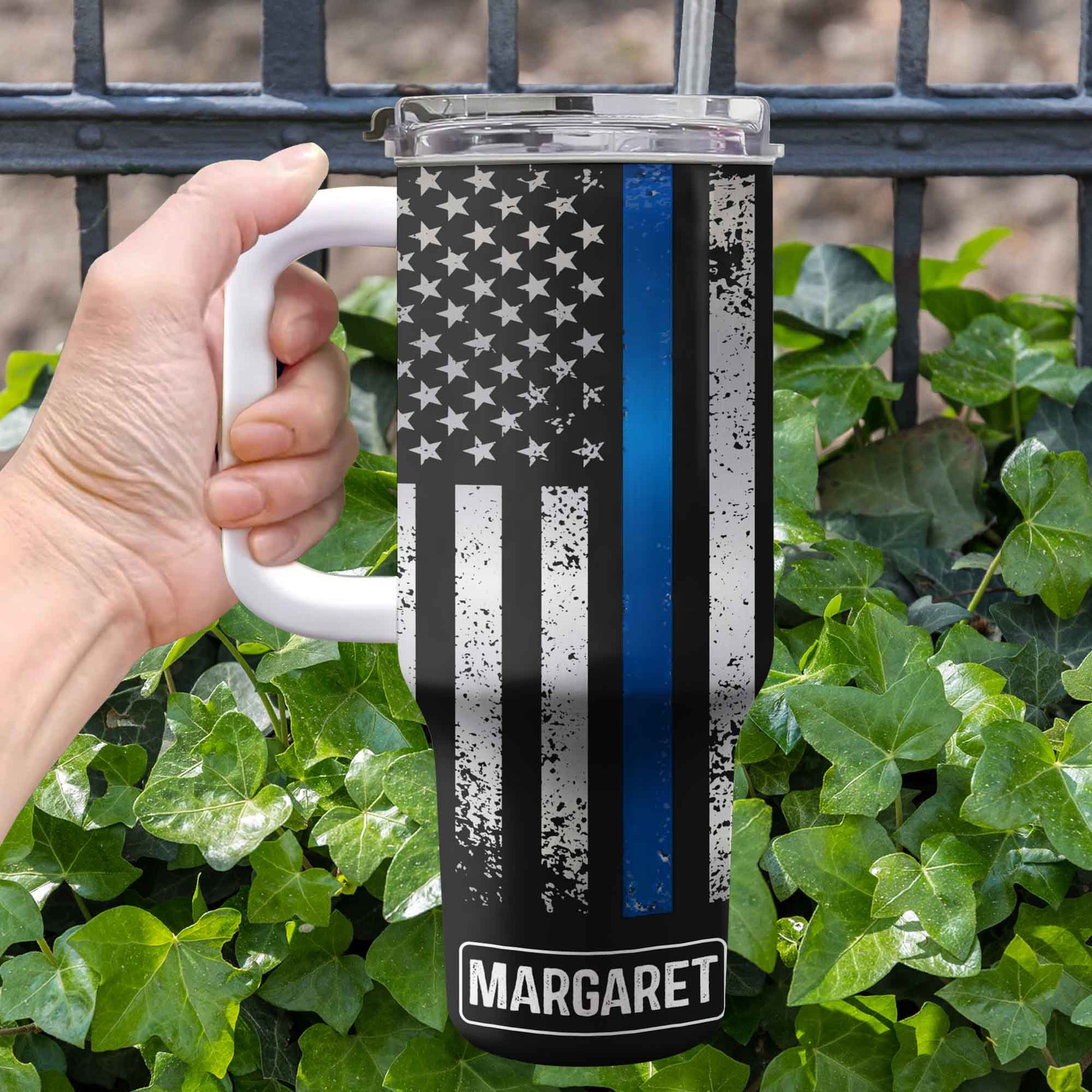 Customizable Tumbler With Black And Blue Thin Line American Flag