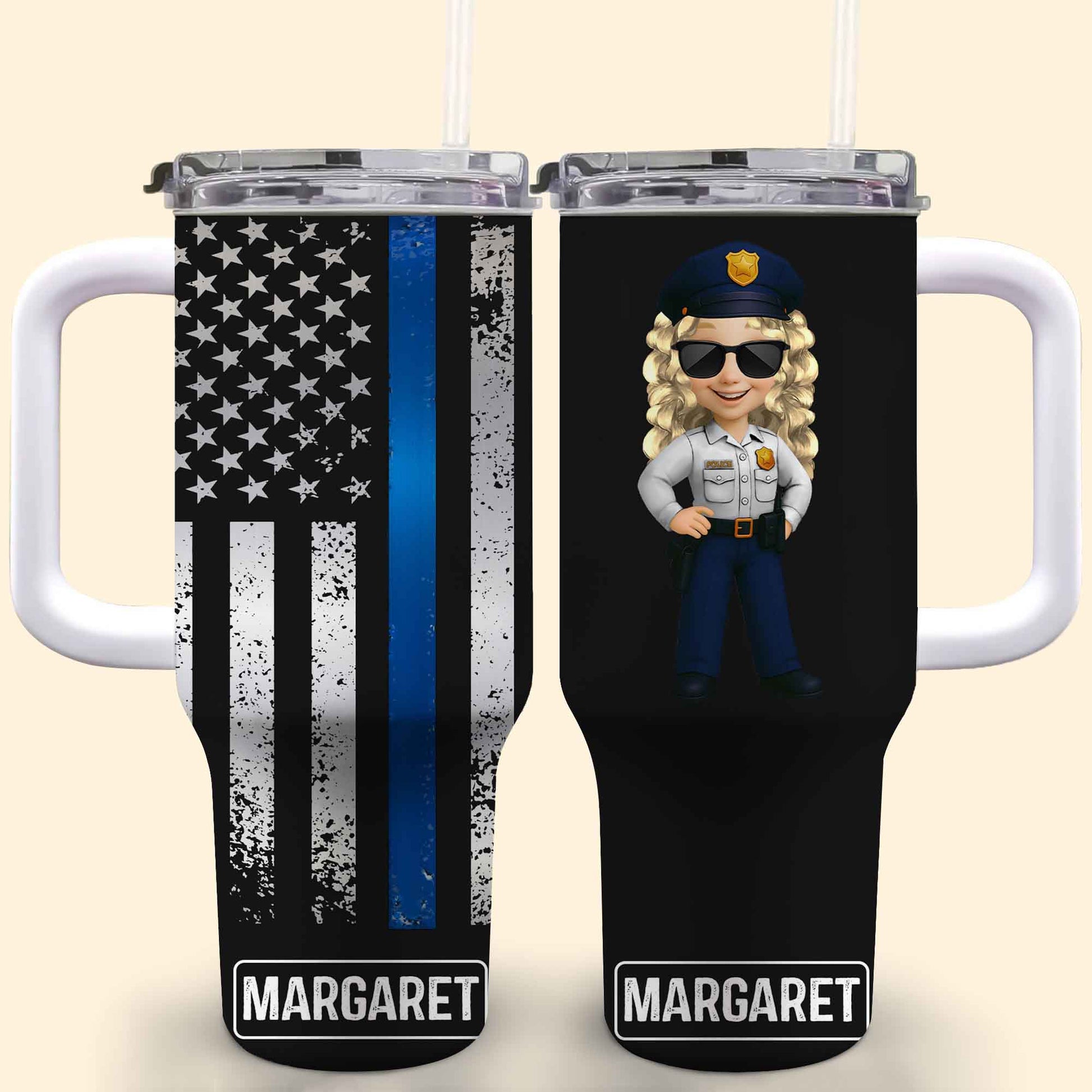 Customizable Tumbler With Black And Blue Thin Line American Flag