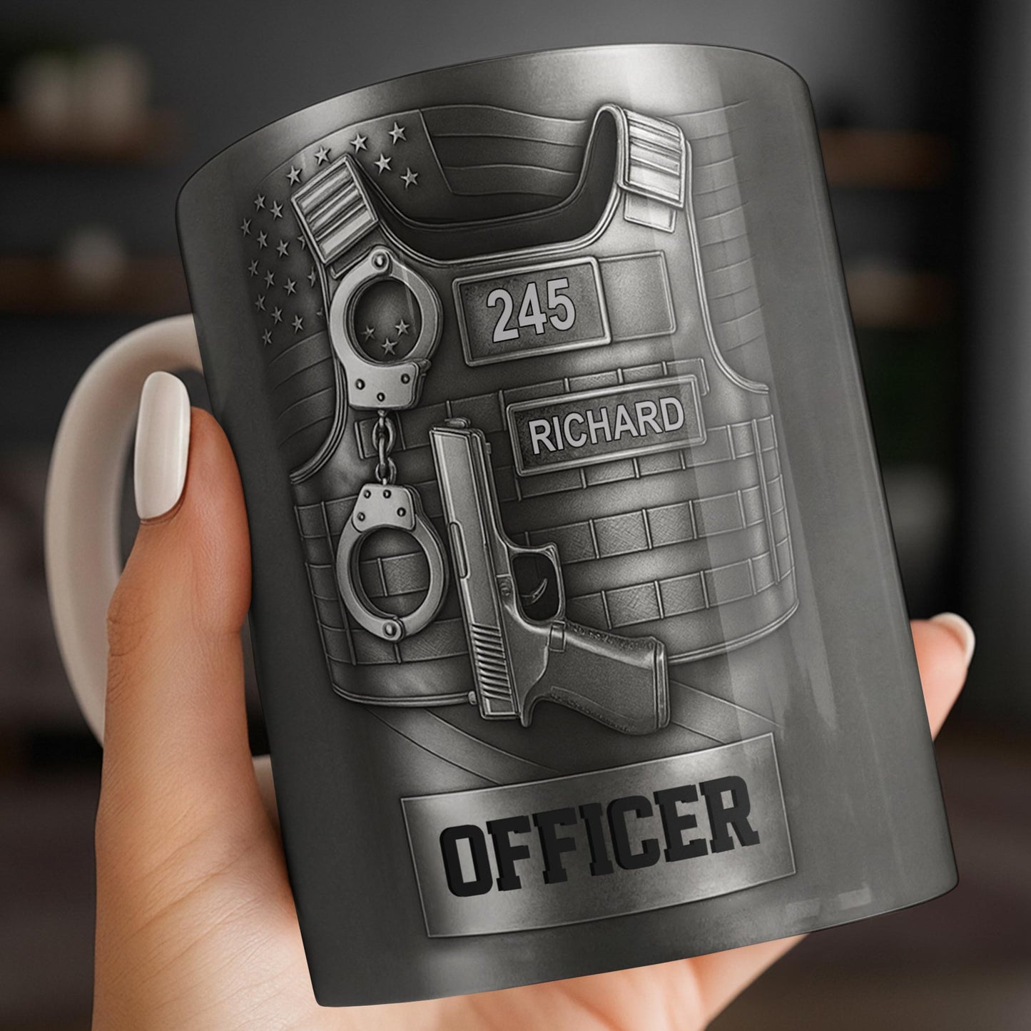 Officer, Badge, Handcuffs, And Gun