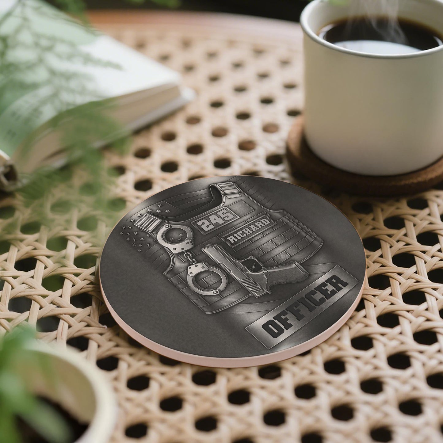 Officer Tactical Vest And Handcuffs Personalized Design - Personalized Custom Ceramic Coaster - OFC025_ROCO