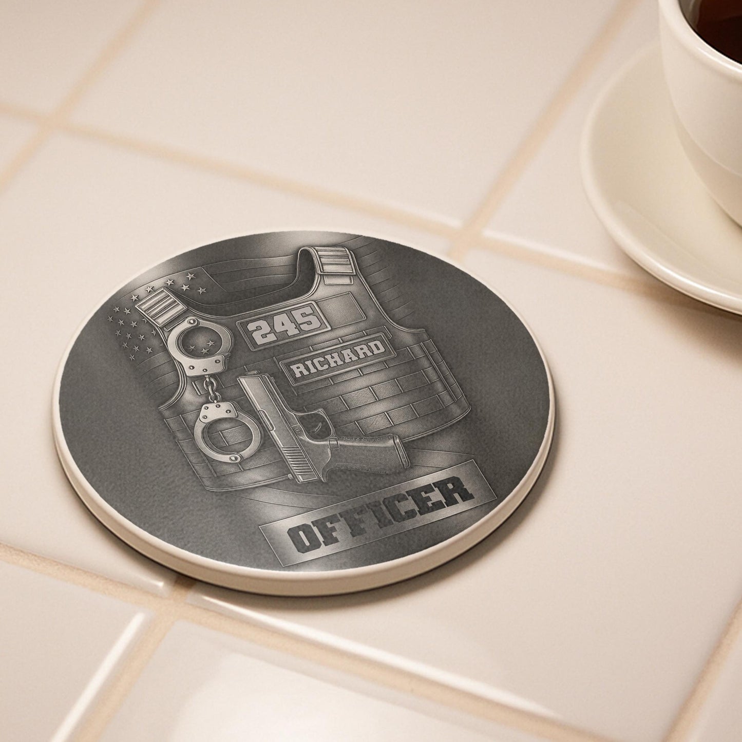 Officer Tactical Vest And Handcuffs Personalized Design - Personalized Custom Ceramic Coaster - OFC025_ROCO