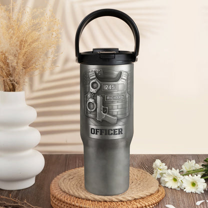 To A Courageous Officer With Badge, Handcuffs, And Gun - Personalized 30oz Tumbler With Handle - OFC025_TBH