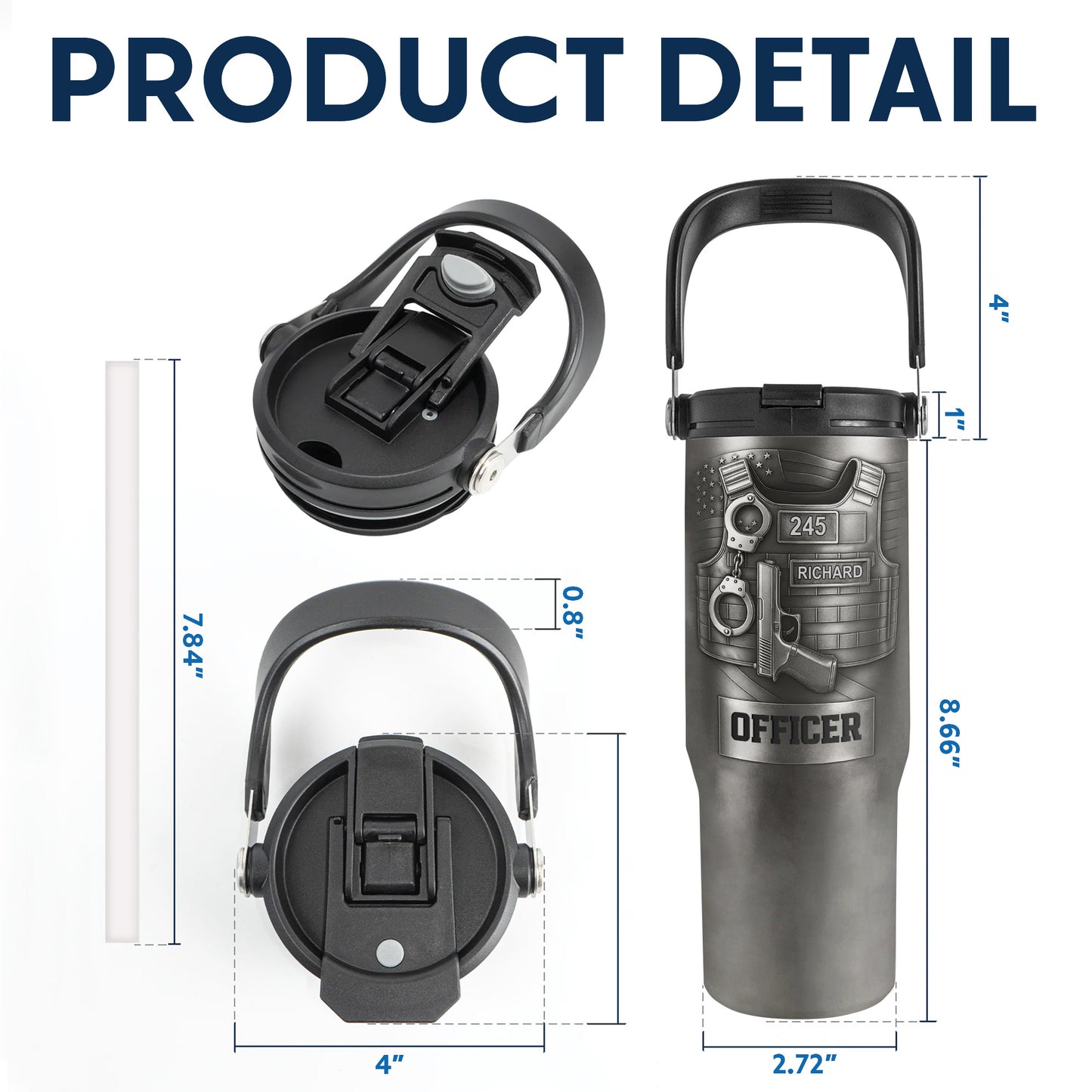 To A Courageous Officer With Badge, Handcuffs, And Gun - Personalized 30oz Tumbler With Handle - OFC025_TBH