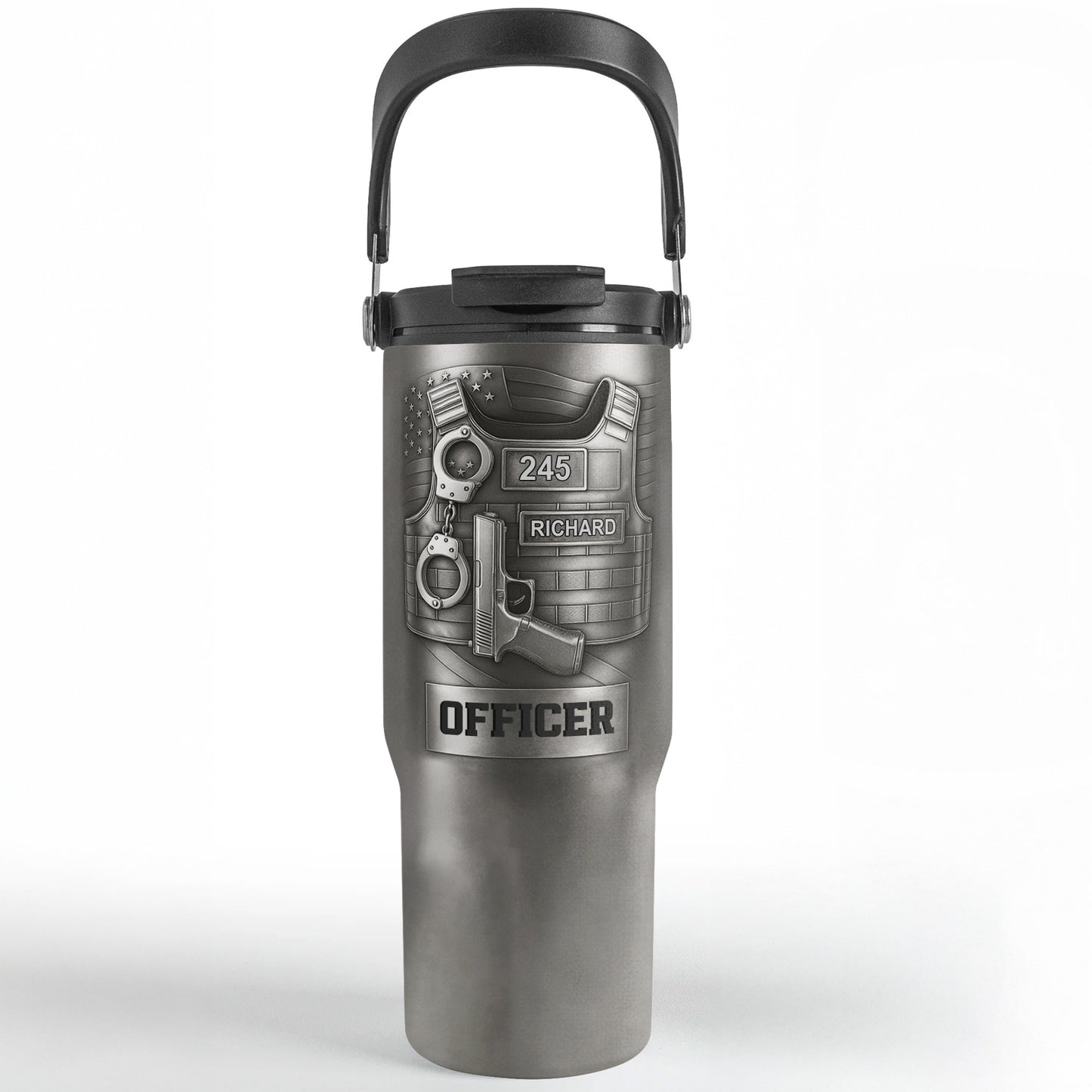 To A Courageous Officer With Badge, Handcuffs, And Gun - Personalized 30oz Tumbler With Handle - OFC025_TBH