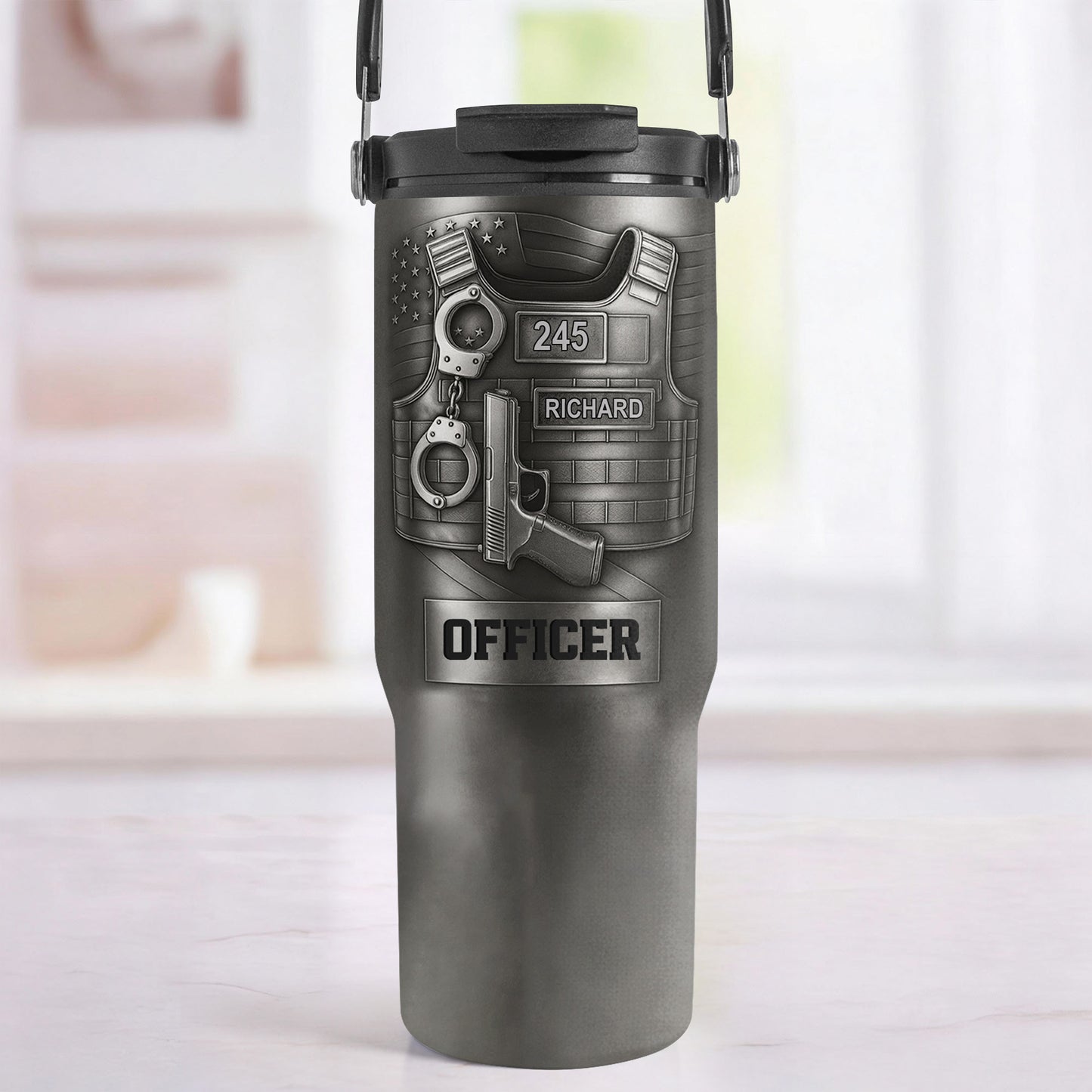 To A Courageous Officer With Badge, Handcuffs, And Gun - Personalized 30oz Tumbler With Handle - OFC025_TBH