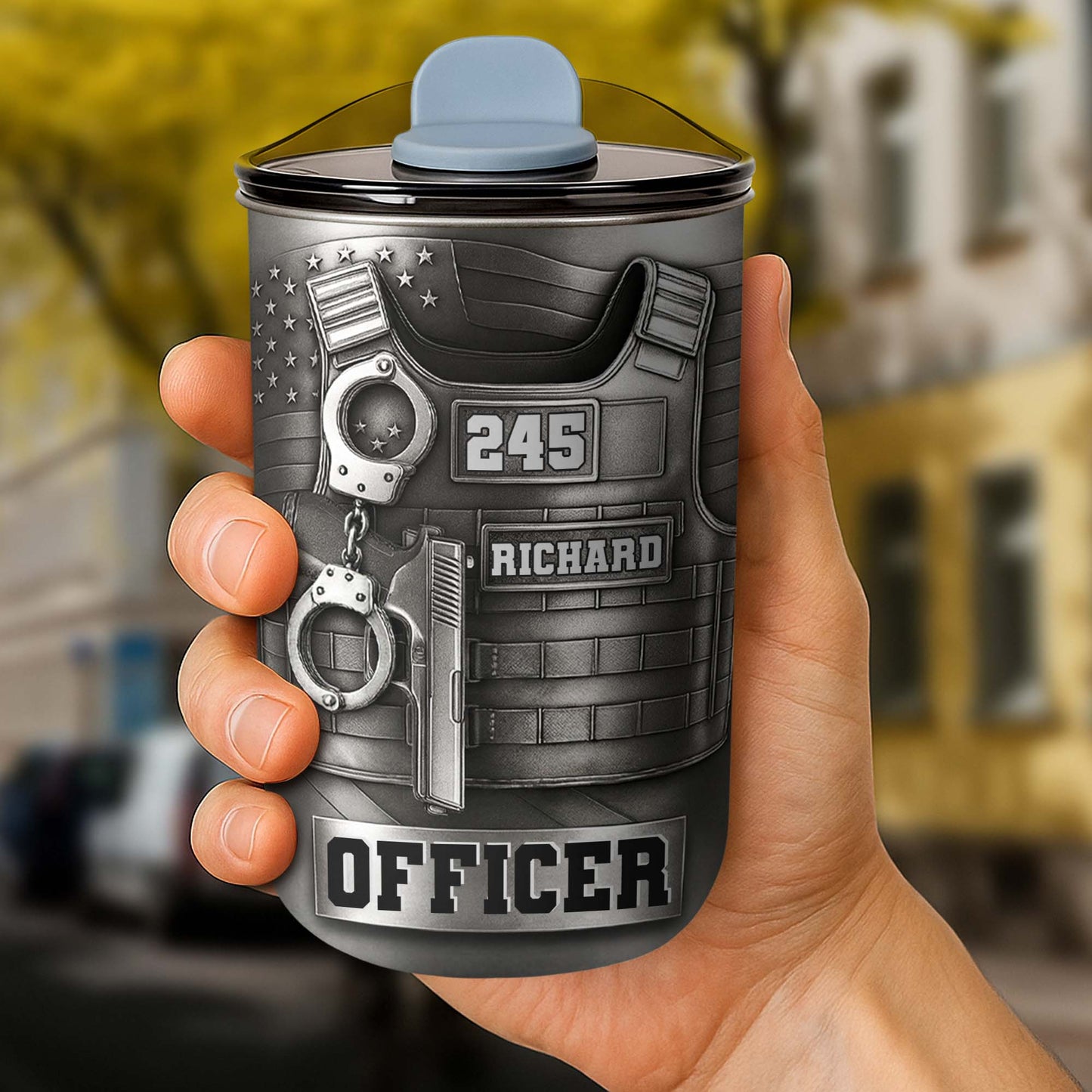Customizable Police Gear Tumbler With Badge And Handcuffs