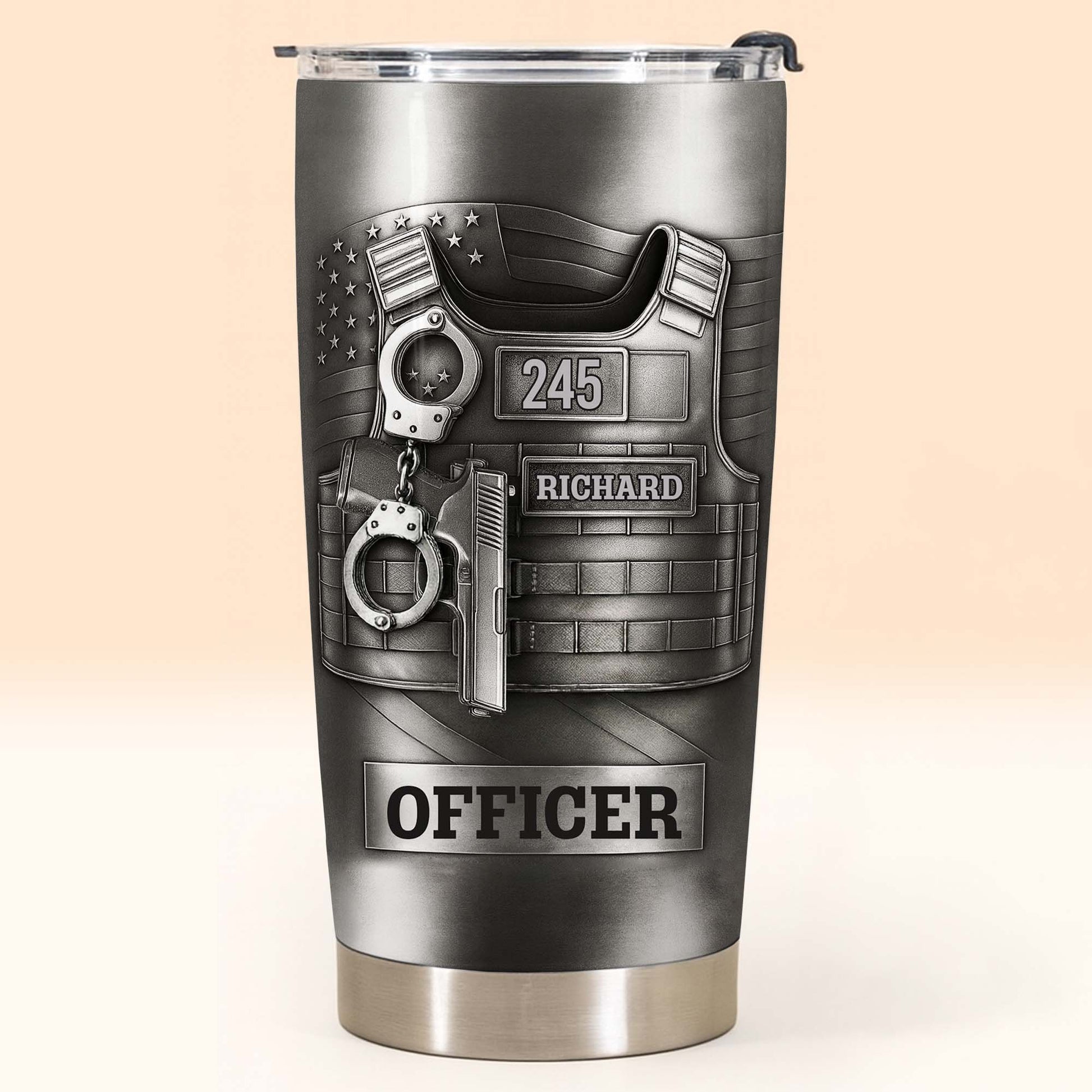 Beloved Officer Personalized Tumbler With Police Badge, Handcuffs, Pistol