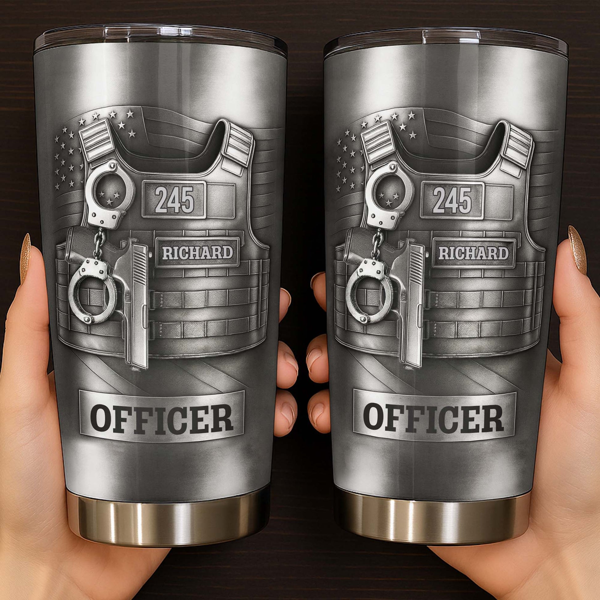 Beloved Officer Personalized Tumbler With Police Badge, Handcuffs, Pistol
