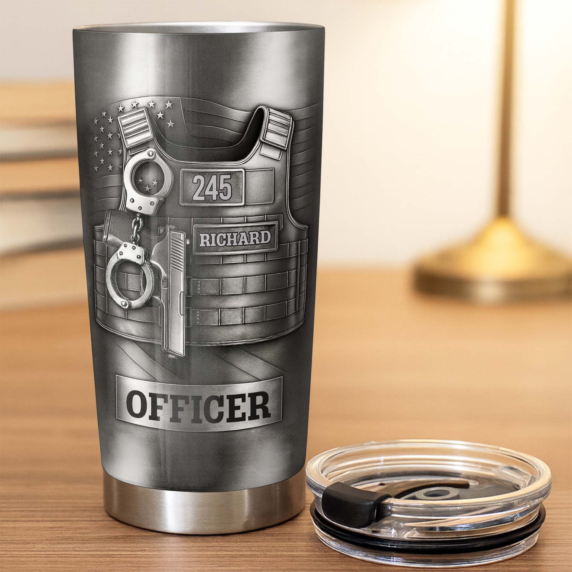 Beloved Officer Personalized Tumbler With Police Badge, Handcuffs, Pistol