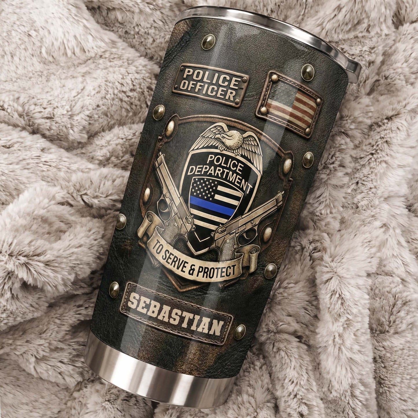 To Serve and Protect Police Officer Badge With American Flag And Guns