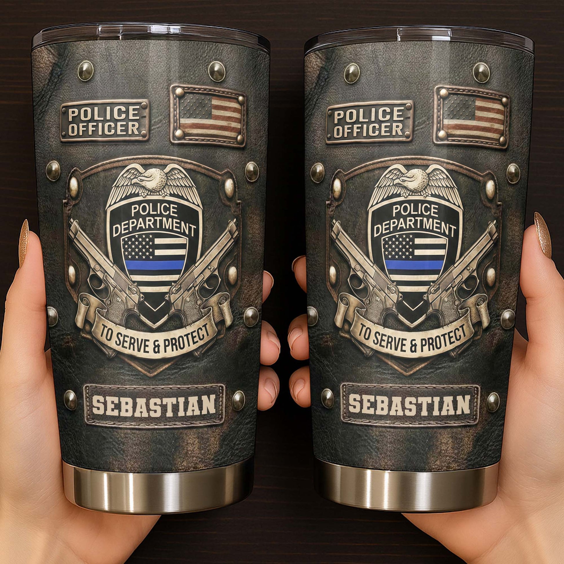 To Serve and Protect Police Officer Badge With American Flag And Guns