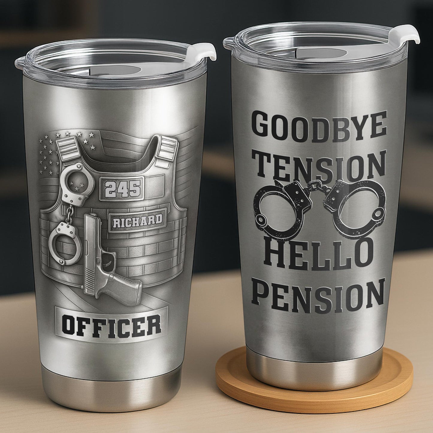 Officer Goodbye Tension Hello Pension Police Vest And Handcuffs - Personalized Custom Stainless Steel Tumbler 20oz 30oz - OFC077_TB