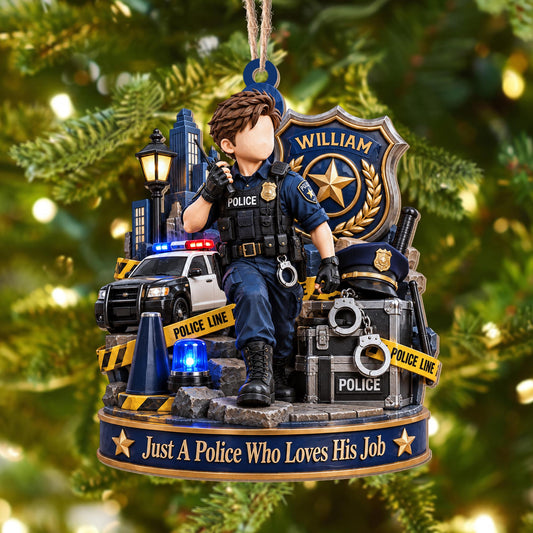 Just A Police Who Loves His Job Officer And Police Car - Personalized Custom Wood Ornament, Custom Shaped - OFC100_WDO