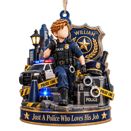 Just A Police Who Loves His Job Officer And Police Car - Personalized Custom Wood Ornament, Custom Shaped - OFC100_WDO