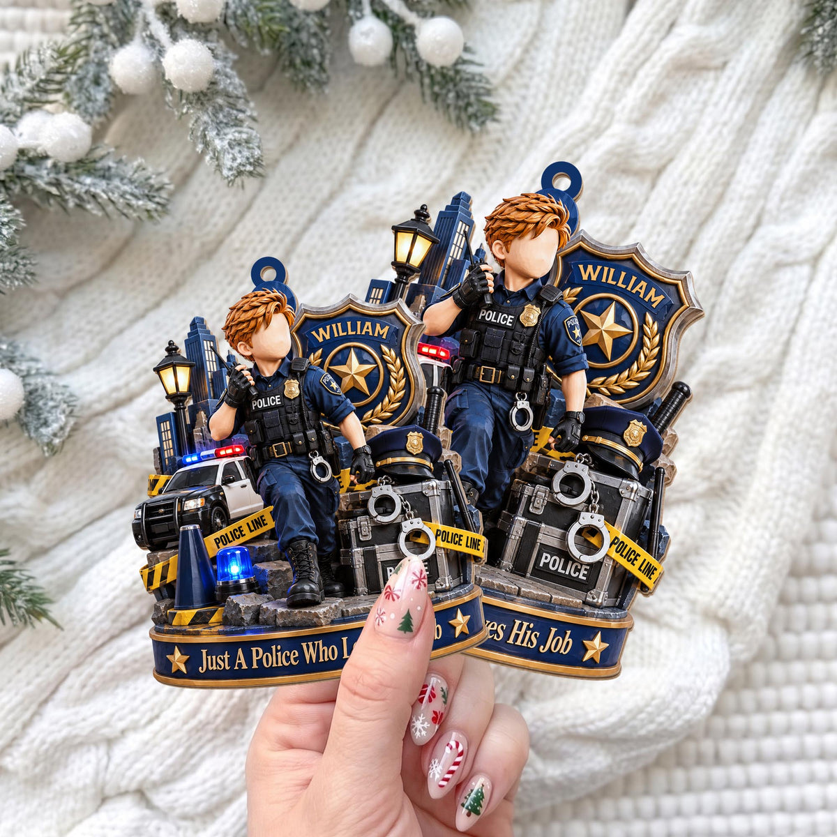Just A Police Who Loves His Job Officer And Police Car - Personalized Custom Wood Ornament, Custom Shaped - OFC100_WDO