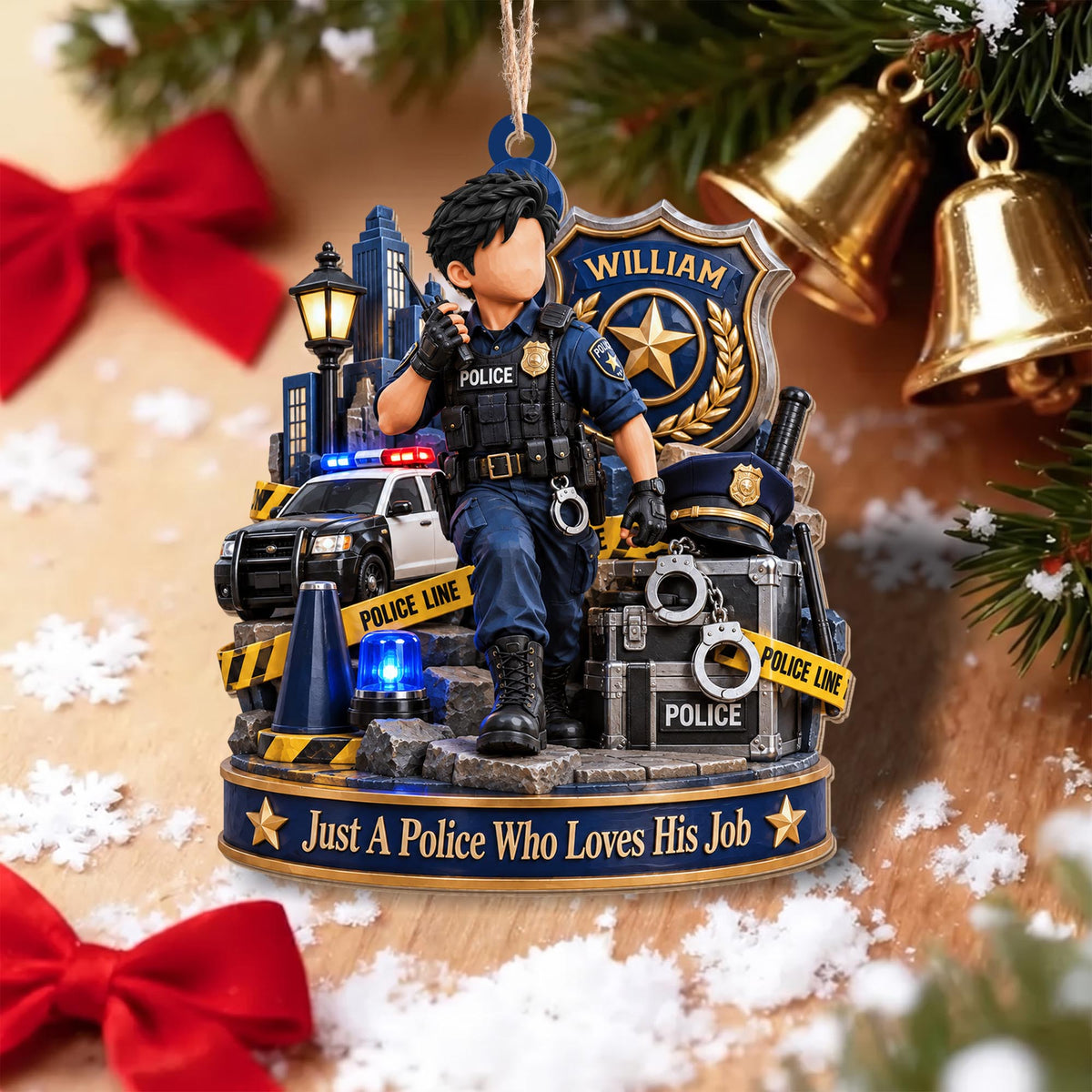 Just A Police Who Loves His Job Officer And Police Car - Personalized Custom Wood Ornament, Custom Shaped - OFC100_WDO
