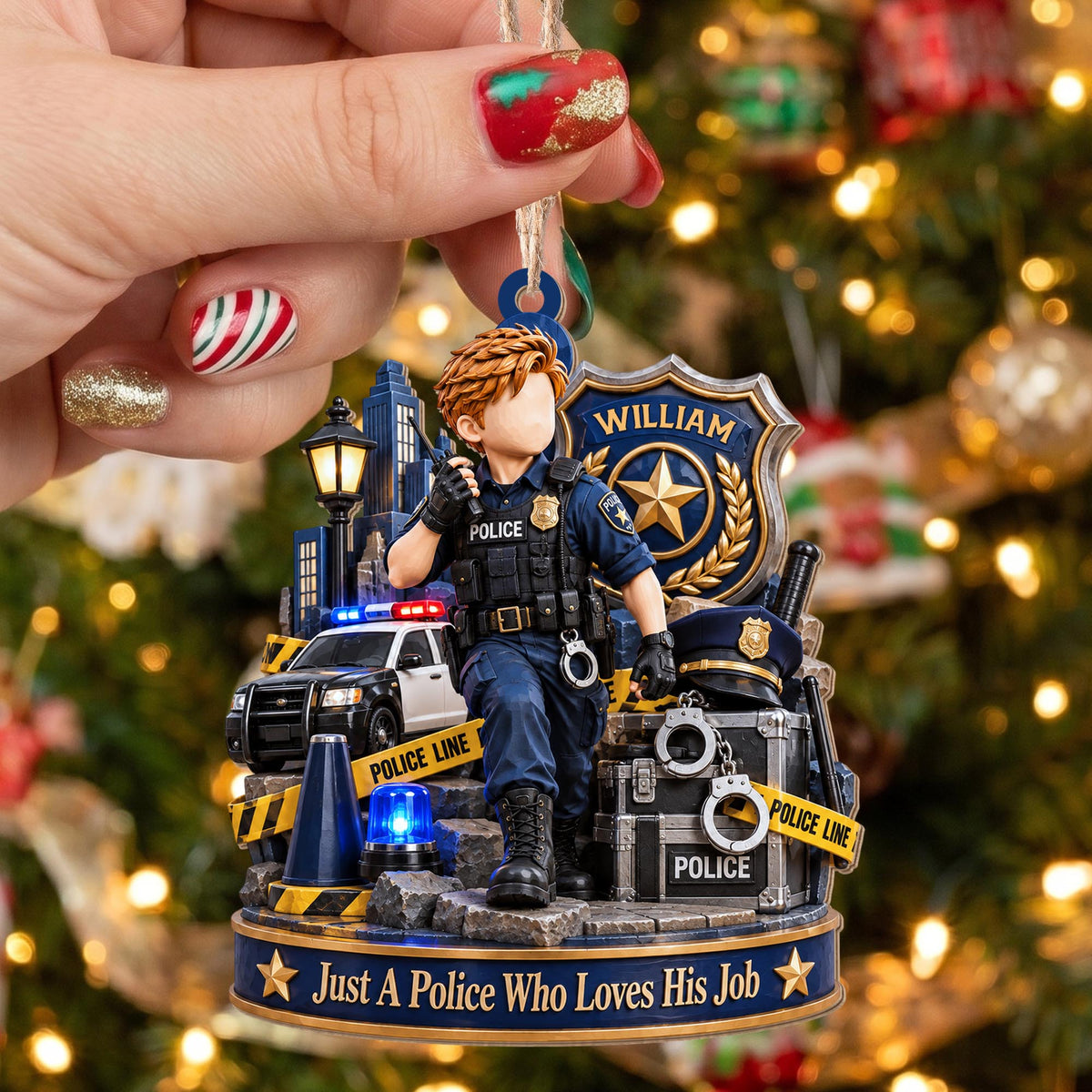 Just A Police Who Loves His Job Officer And Police Car - Personalized Custom Wood Ornament, Custom Shaped - OFC100_WDO