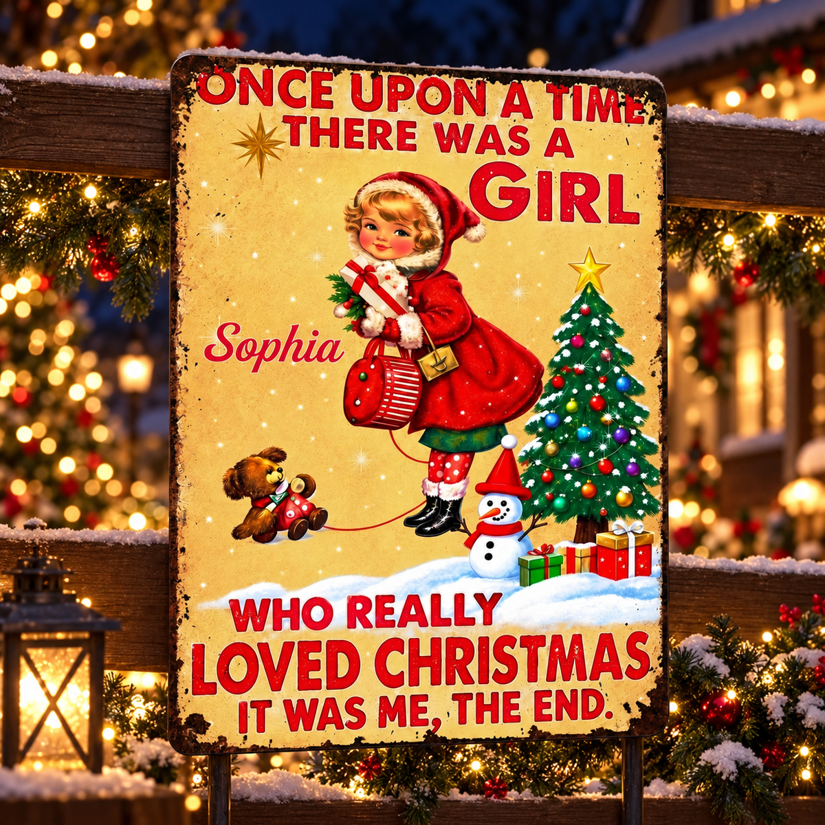 Once Upon A Time There Was A Girl Christmas Tree And Snowman - Personalized Metal Sign - XMAS409_MSIGN